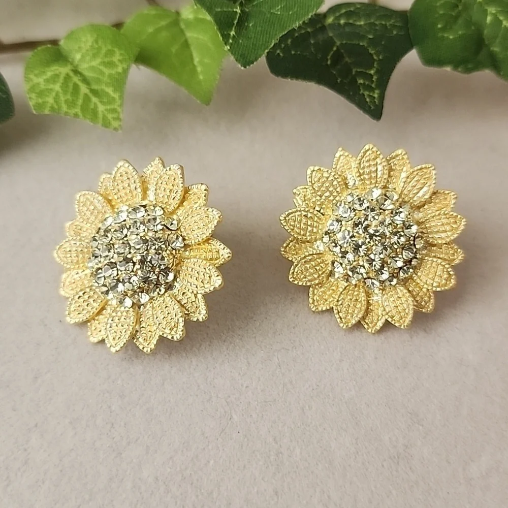 Gold Sunflower Earrings with CZ Stones